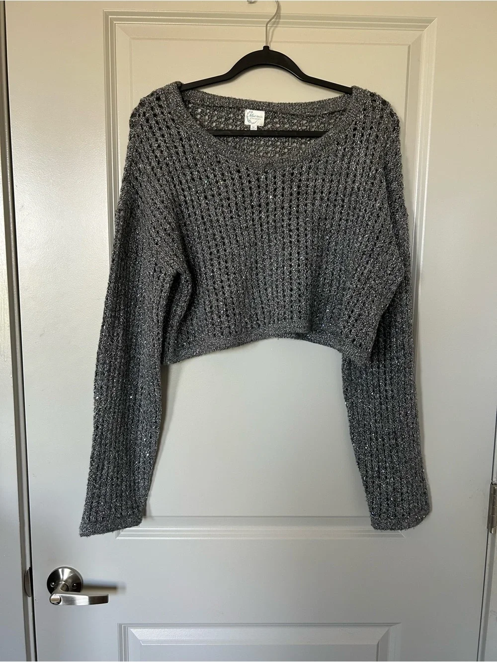 Francesca’s Cozy Cropped Open-Knit Sparkly Sweater - Gray